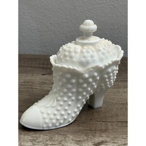 Vintage 70s Fenton Art Glass MILK GLASS Hobnail Covered Shoe Candy Box